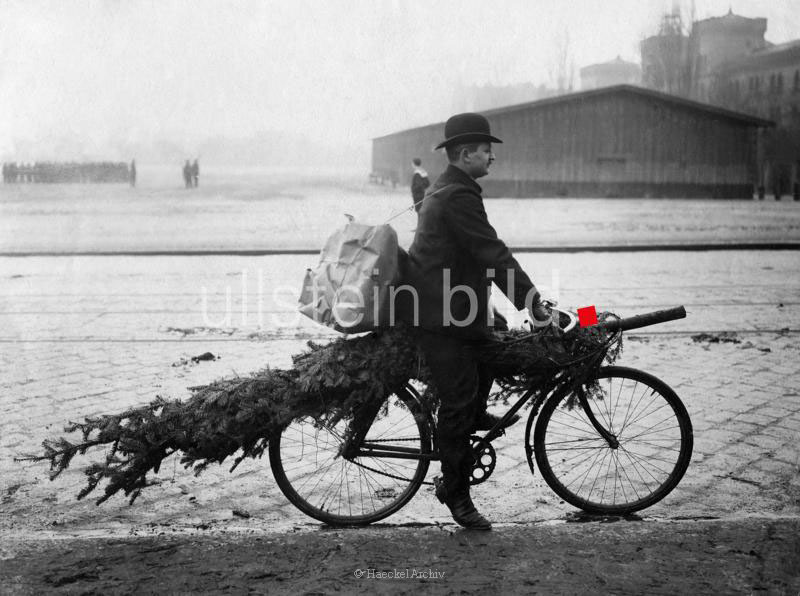 Mann mit einem Weihnachtsbaum auf dem Fahrrad
